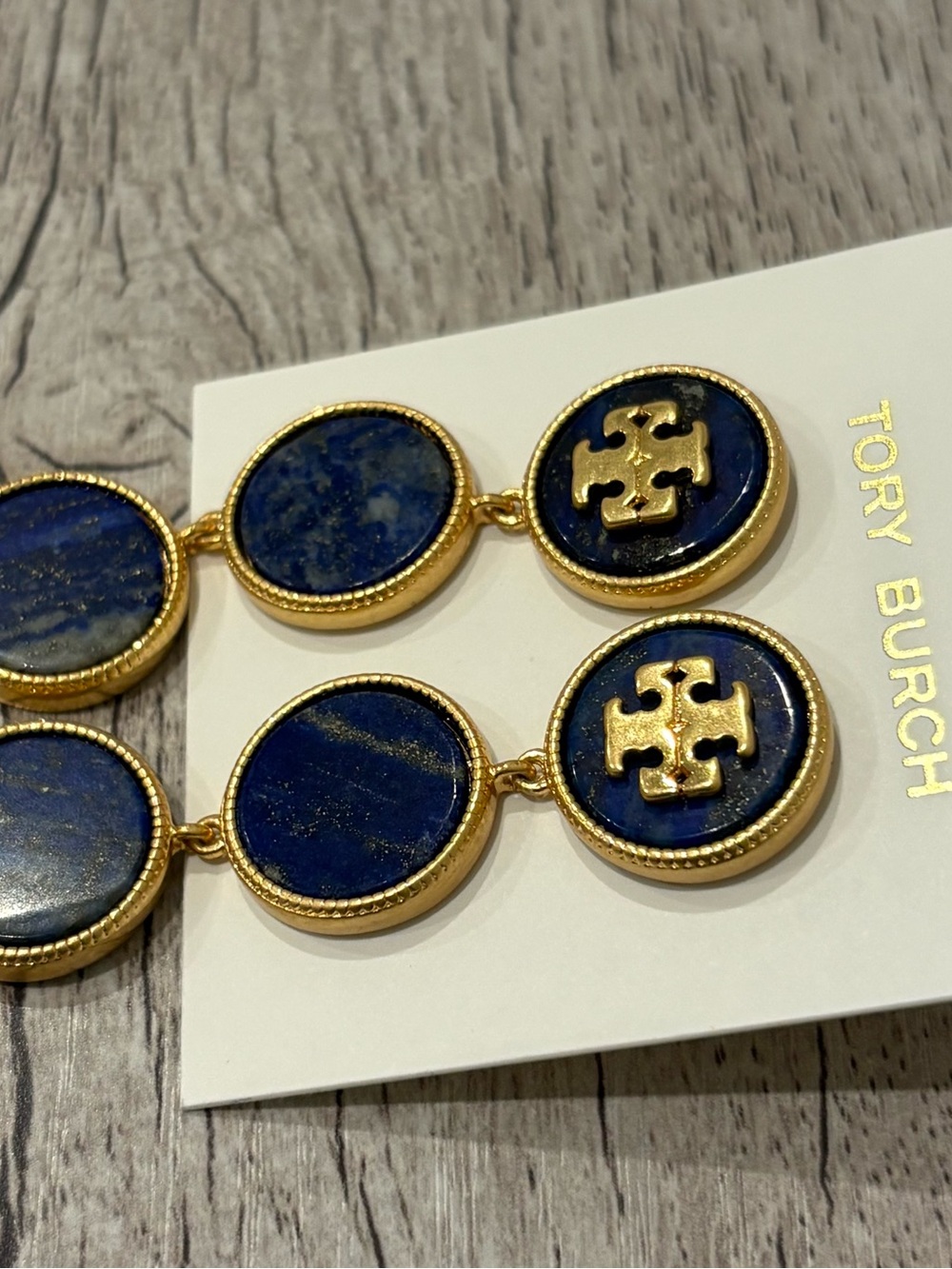 Tory Burch Gold & Lapis Disc Logo Drop Earrings - Picture 2 of 2
